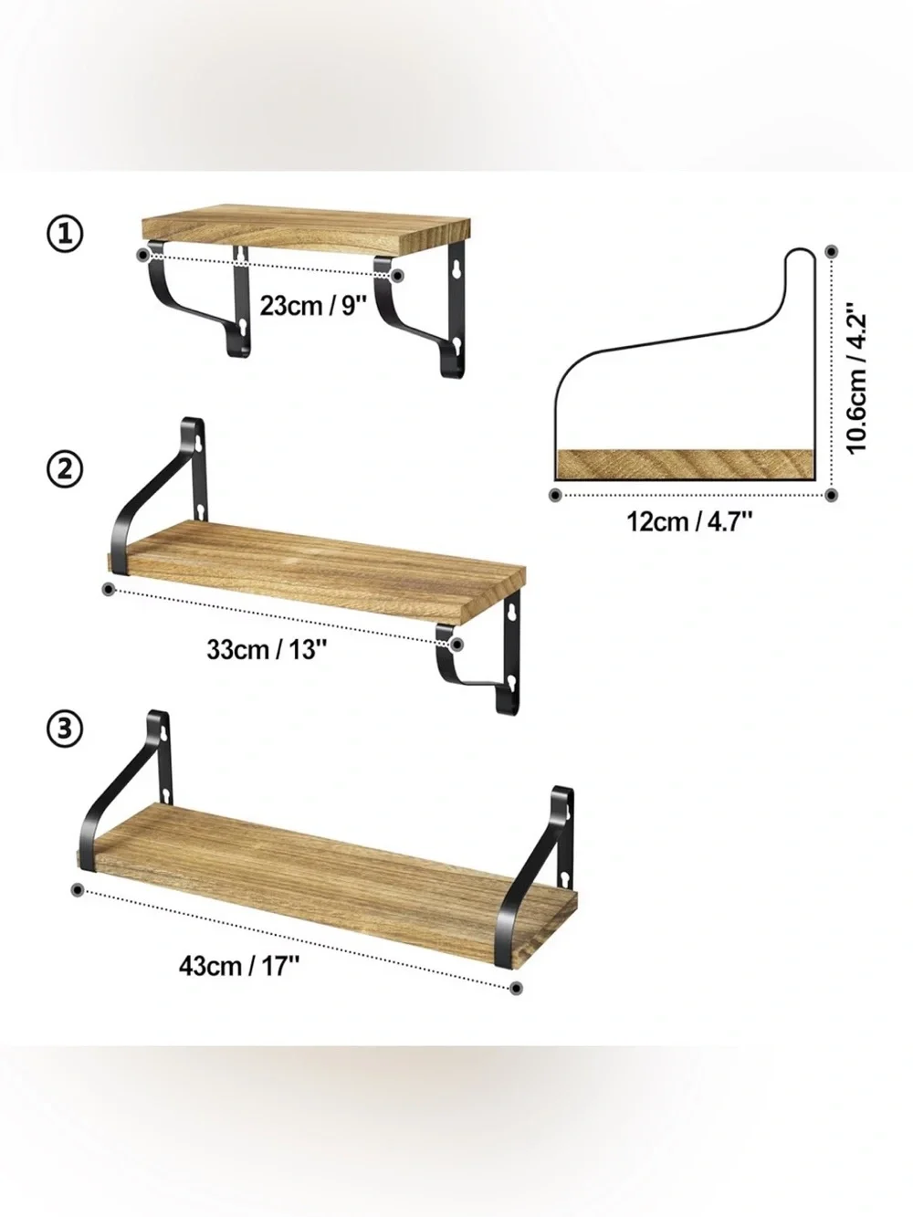 NEW Rustic Wood Wall Shelves with Black Metal Brackets - Set of 3 New in Box